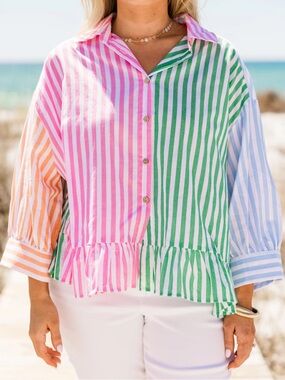 Colorblock Stripe Button-Up Blouse in Pink, Green, Blue & Orange